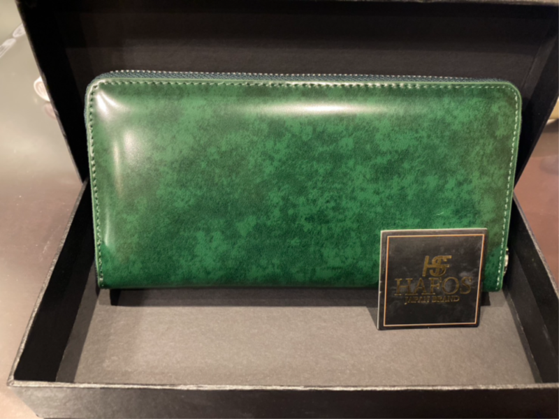 HAFOS財布 メンズ 長財布 コードバン調×牛革 レザー【緑】